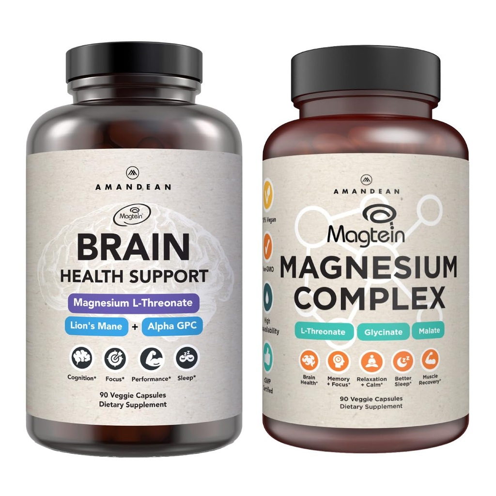 AMANDEAN Premium Cerveau & Magnésium Bundle: Magnésium à haute absorption L-Thréonate, Glycinate & Malate, Lion biologique USA-Grown Mane 6:1 Extrait, et Alpha-GPC. Soutient la santé cognitive, la concentration et le sommeil