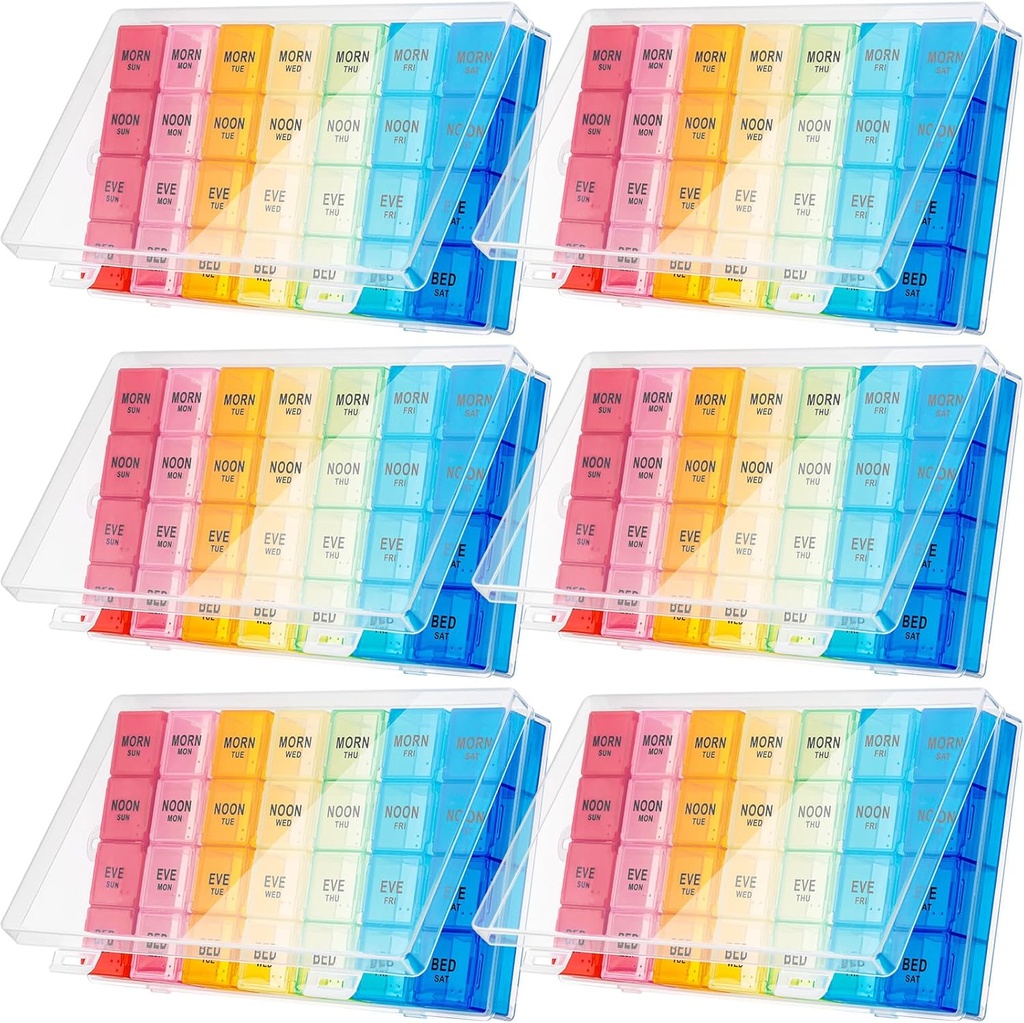 Hsei 6 Pack Weekly Pill Organizer Box 4 fois par jour 7 jours Waterproof Pill Case Big Medicating Box Travel Daily Container for Vitamines Fish Oil Suppléments
