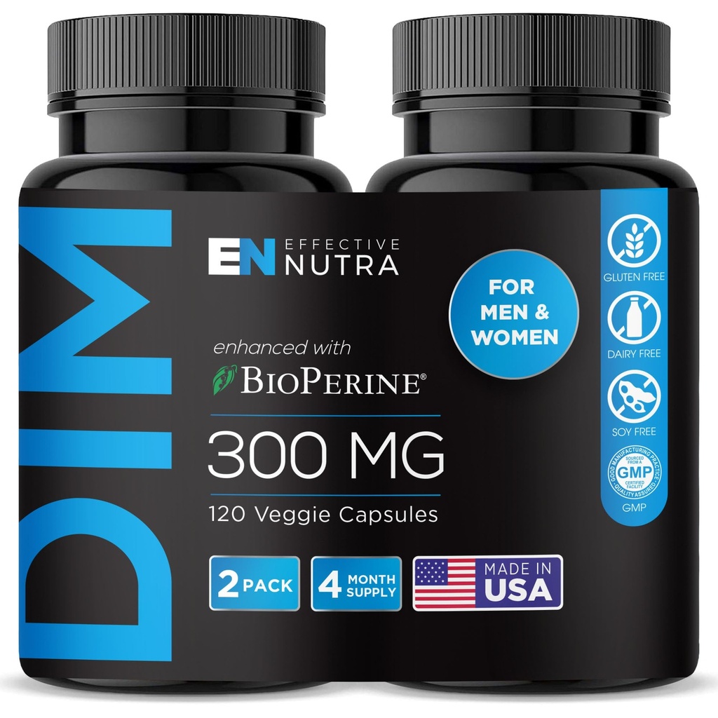 EFFECTIVE NUTRA Dim Supplement 300mg mit BioPerine - Extra Strength Estrogen Blocker für Männer & Frauen - Hormon & Stoffwechselunterstützung - 4 Monate Versorgung
