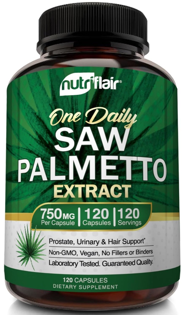 NutriFlair Saw Palmetto Extract 750mg, 120 Capsules - Supplément Prostate Natural & Berry Health Support - Aide à bloquer DHT pour prévenir la perte de cheveux et aide à réduire les mictions fréquentes, pour les femmes et les hommes