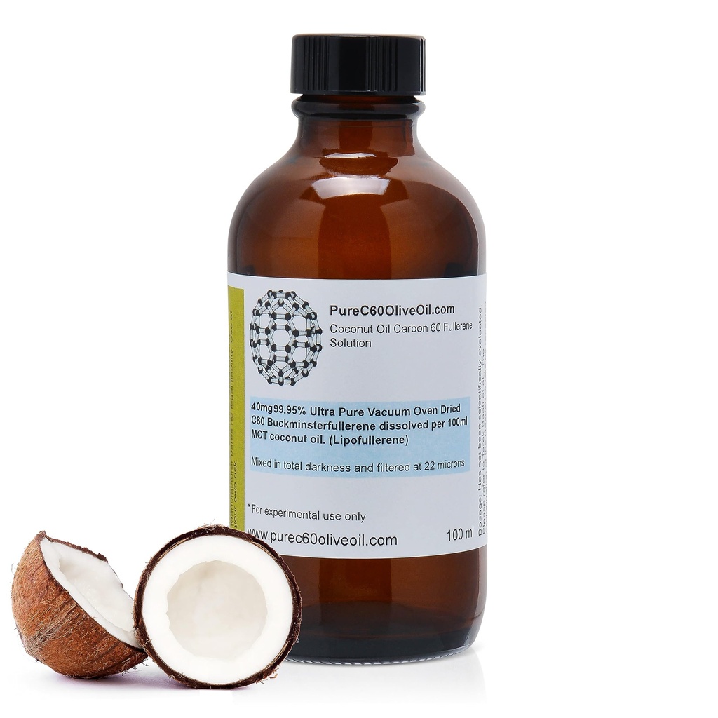 PureC60OliveOil C60 Bio MCT Coconut Oil 100ml / 3.4 Fl Oz - 99.95% Carbon 60 Solvent Free 40mg - Amber Glass Bottle - Food Grade - Carbon 60 Coconut Oil - Von The Lead Global Produzent
