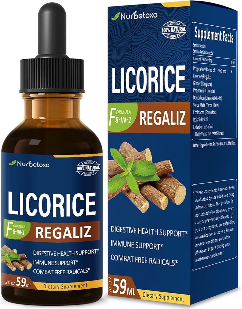 gouttes d'extrait de racine de réglisse pour la santé digestive, gel naturel à base de plantes et supplément de teinture liquide de soutien immunitaire avec Dandelion, menthe poivrée, gingembre. extrato de Regaliz. 2oz