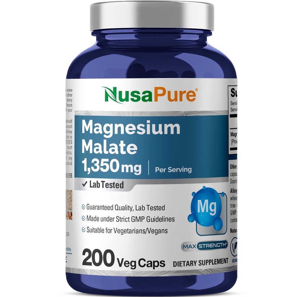 NusaPure Magnesium Malate 1350mg 200 Veggie Kapseln (Vegan, Non-GMO, Vegan)