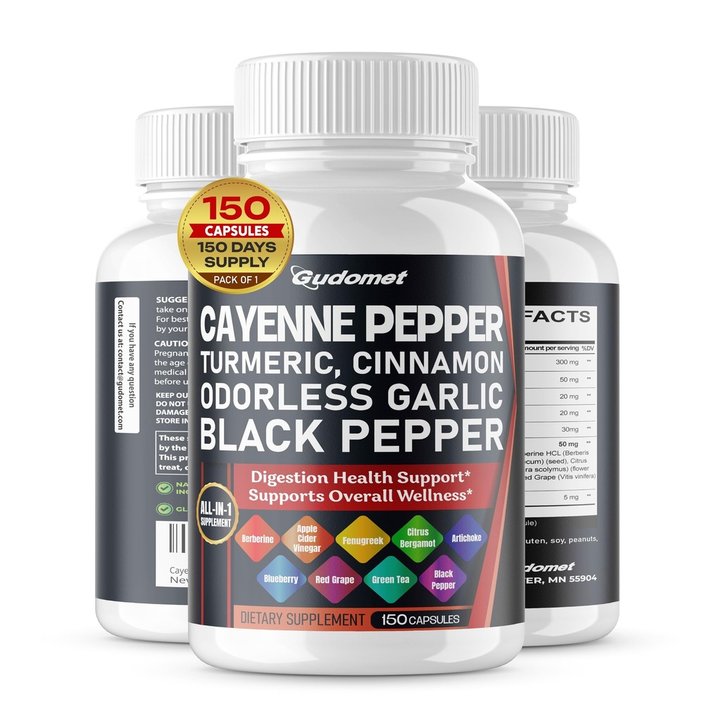 Cayenne Pfeffer Turmeric Odorless Knoblauch Zitrone Fenugreek Citrus Bergamotte Artichoke Blueberry Grüner Tee Schwarzer Pfeffer -150 Kapseln- Made in USA