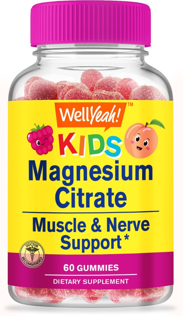 WellJa Magnesium Citrate Gummis für Kinder - Kaubare Stress-Relief-Ergänzung für Kinder - Natürliche Beruhigung, Mood-Unterstützung, Non-GMO, Glutenfrei - natürliche Quellen Flavors - 60 Gummis