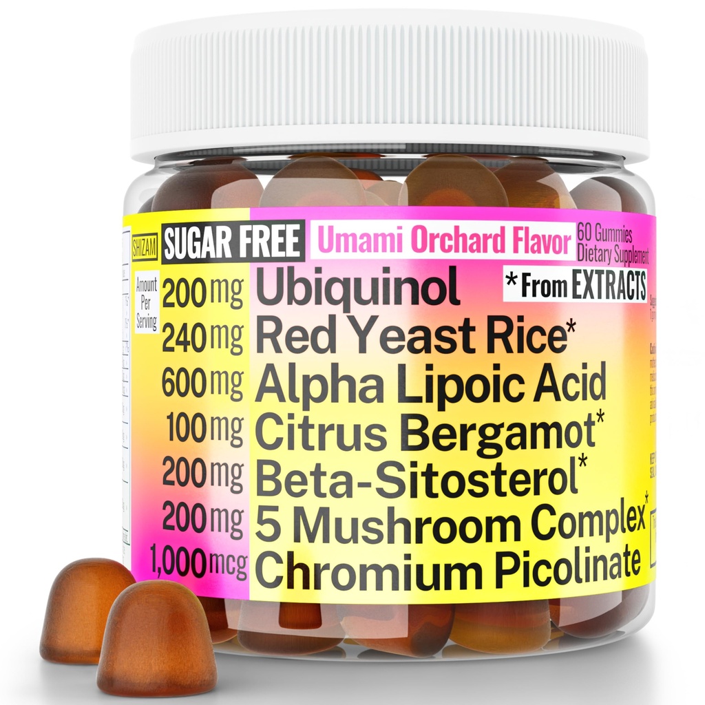 Riz rouge de levure Alpha acide lipoïque Ubiquinol CoQ10 Citrus Bergamot Beta-Sitostérol Chromium Picolinate Sucre-moins Gummies w Lion's Mane Turkey Tail Reishi Cordyceps Chaga, Pills Capsules Supplément Alt