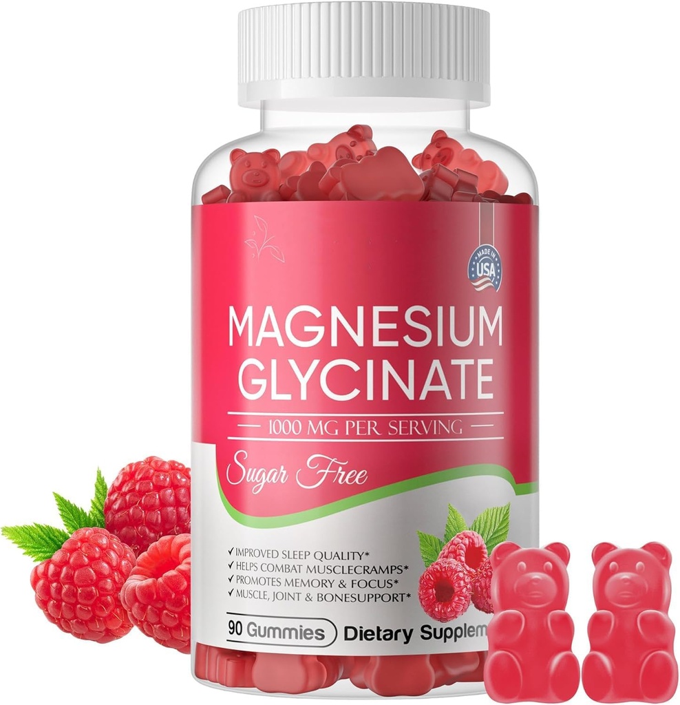 Magnesium-Glycinat-Gummi 700mg, Zuckerfreies Magnesium-Glycinat, Magnesium-Komplex-Kalium-Ergänzung mit Kalium, VitaminD, B6 für Kalorien-Unterstützung und Schlaf für Erwachsene - 60 Himbeer-Gummi