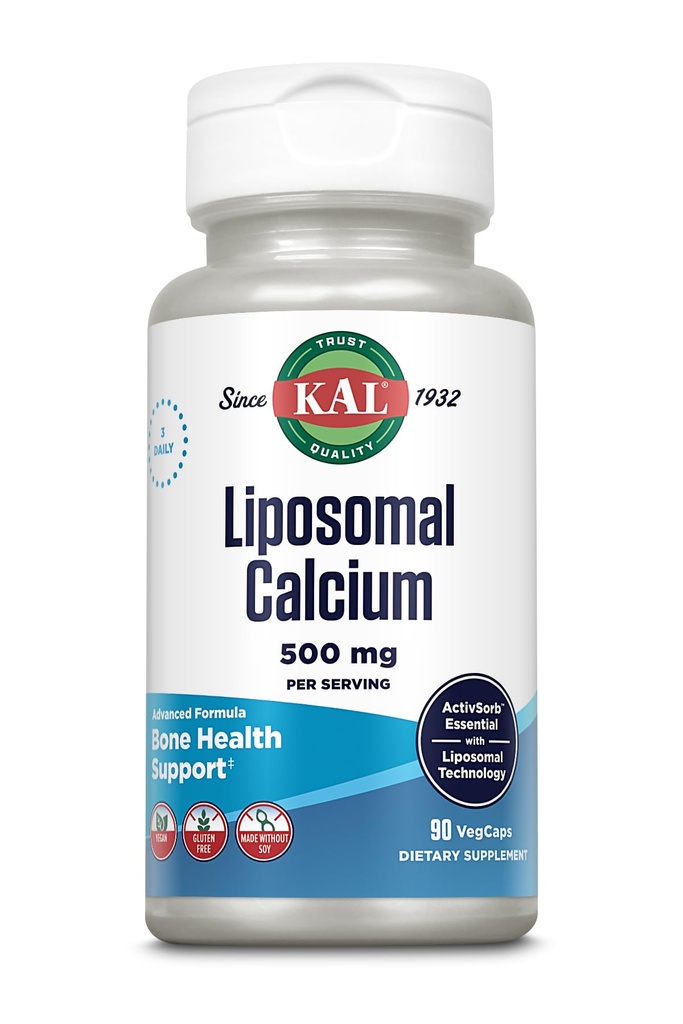 KAL Calcium liposomique 500 mg, supplément de calcium à haute absorption, support de calcium essentiel, végétalien, sans gluten, sans soja, 30 portions, 90 VegCaps
