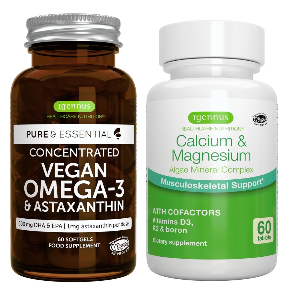 Vegan Omega-3 + Complexe Calcium et Magnésium Bundle végétalien, EPA durable et DHA Huile d'algues 1340mg + 2:1 Complexe minéral d'algues à base végétale, par Igennus