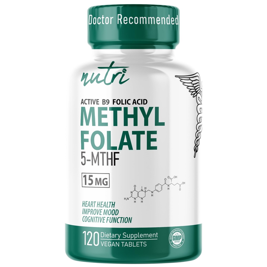 Nutri 5-MTHF L Méthylfolate 15MG - 4 mois d'approvisionnement, 120 comprimés végétaliens - supplément de folate méthylé - fonction cognitive, santé cardiaque, soutien prénatal - 3e partie testée - installation certifiée NSF