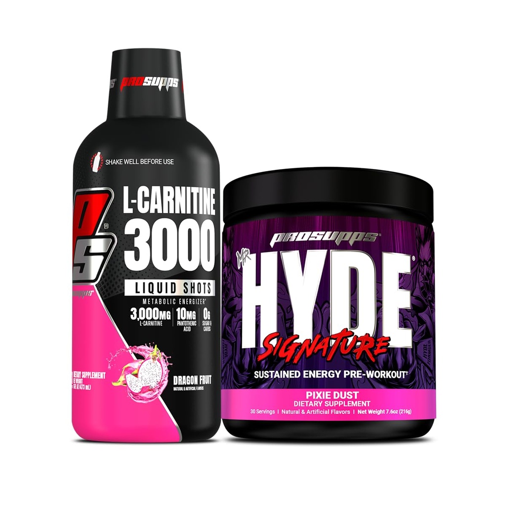 PROSUPPS L-Carnitin 3000 Stimulant freie flüssige Schüsse (31 Servierungen, Drachenfrucht) und Mr. Hyde Signature Serie Pre-Workout Energy Powdered Drink (30 Servierungen, Pixie Dust) Bundle