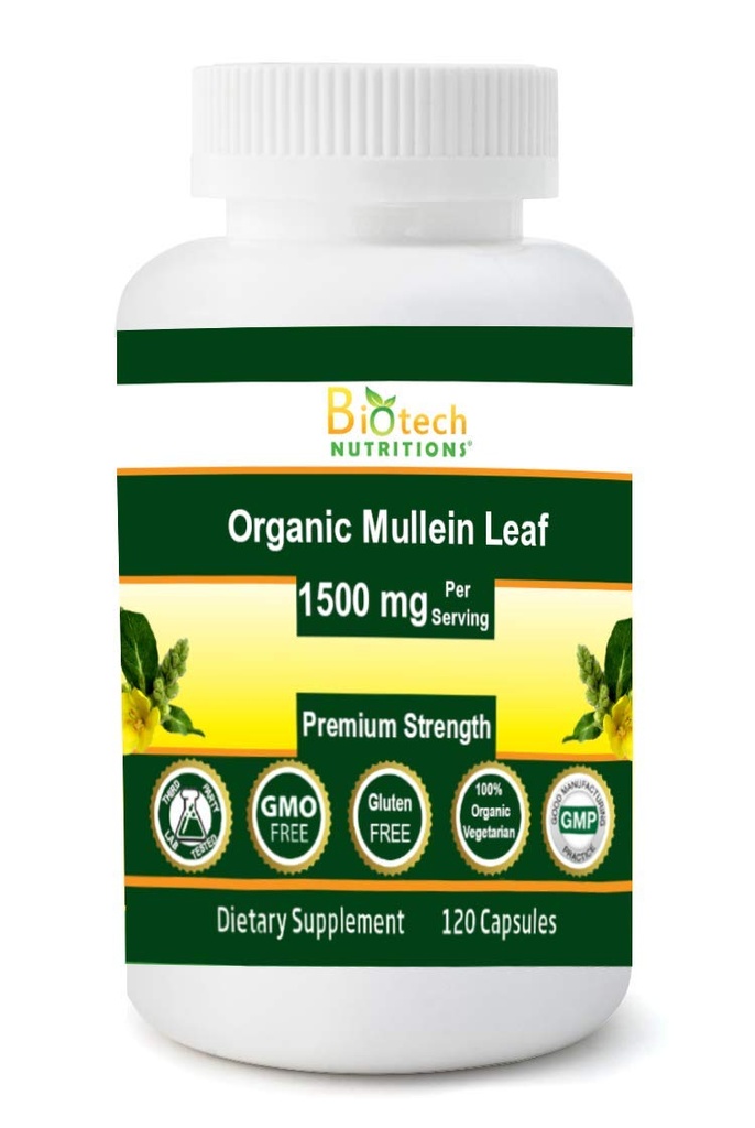 Organic Mullein Leaf 1500 mg Servant 120 capsules végétales fabriquées aux États-Unis