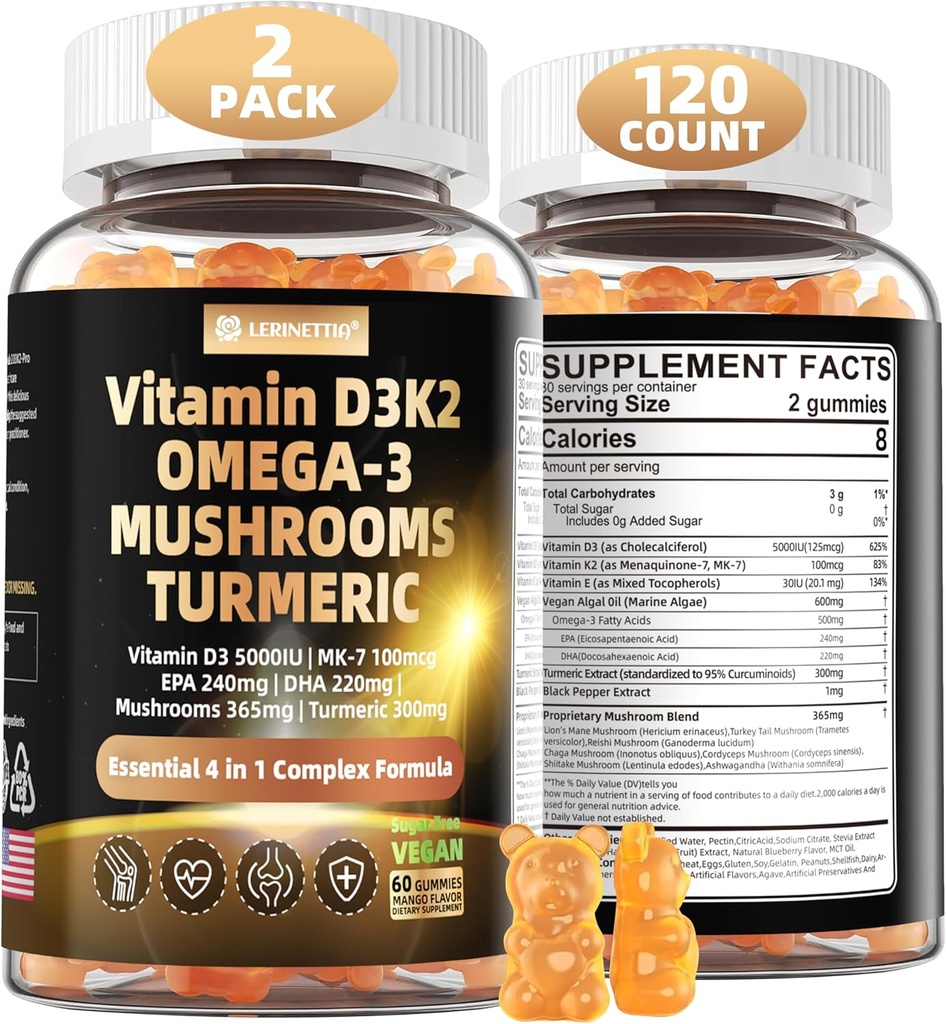 Vitamin D3 5000iu(125mcg) + Vitamin K2(MK7) Gummi mit Algen Omega 3 | Maximale Stärke Vitamin D3+K2 | für Knochen, Zähne, Energie, Immunität, Calciumabsorption - Vegan, Zuckerfrei, 120Ct