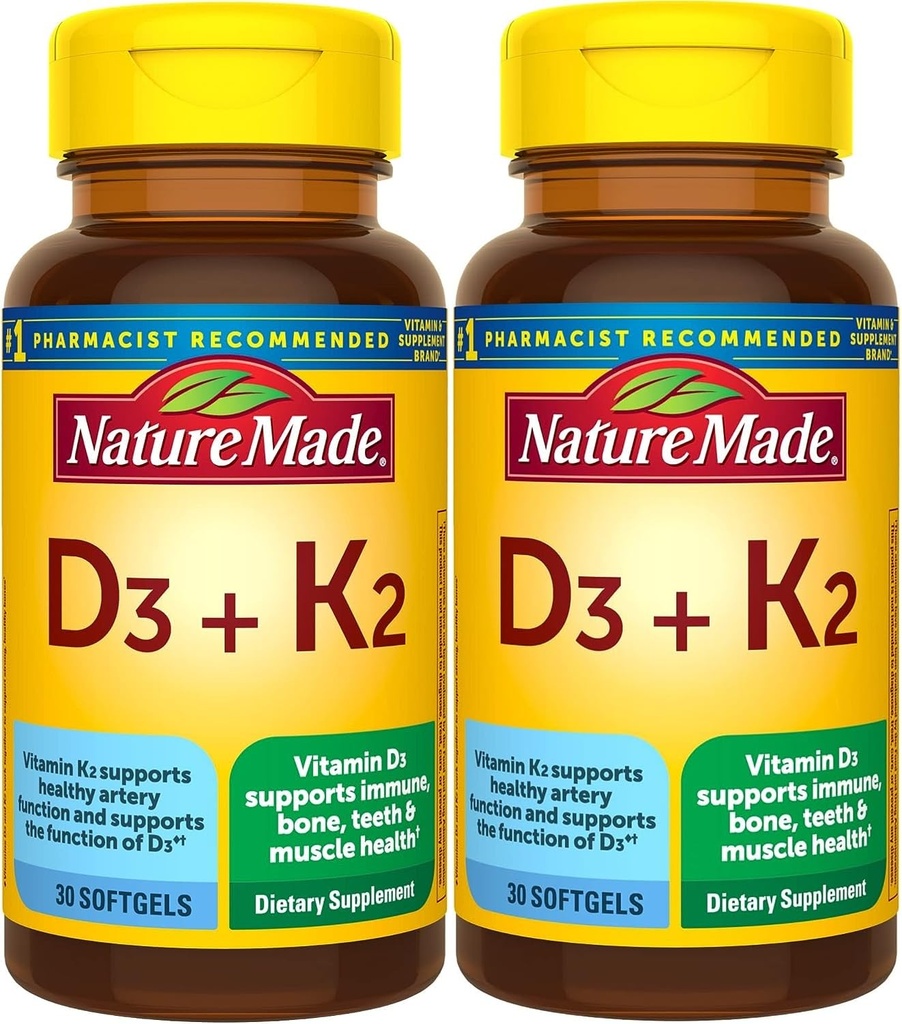 Nature Made Vitamin D3 K2, 5000 IU (125 mcg) Vitamin D, Nahrungsergänzung für Knochen, Zähne, Muskel- und Immungesundheitsunterstützung, 30 Softgels, 30 Tage Versorgung - Paket von 2