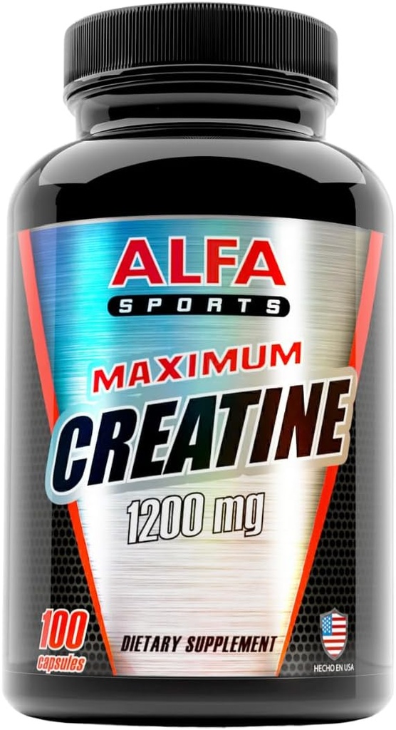 ALFA VITAMINS Monohydrate maximum de créatine 1200 Mg 100 Capsules. Masse musculaire - Croissance musculaire - Récupération après entraînement. Réduit les effets de l'acide lactique