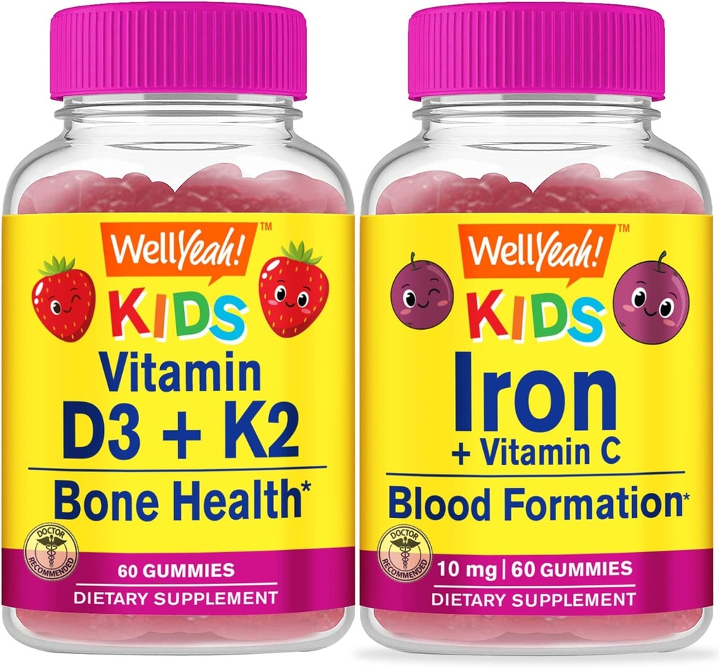 WellJa Vitamin D3+K2 Kinder + Eisen + Vitamin C Kinder, Gummis Bundle - Große Verkostung, Vitamin-Ergänzung, Glutenfrei, GMO frei, Kaugummi