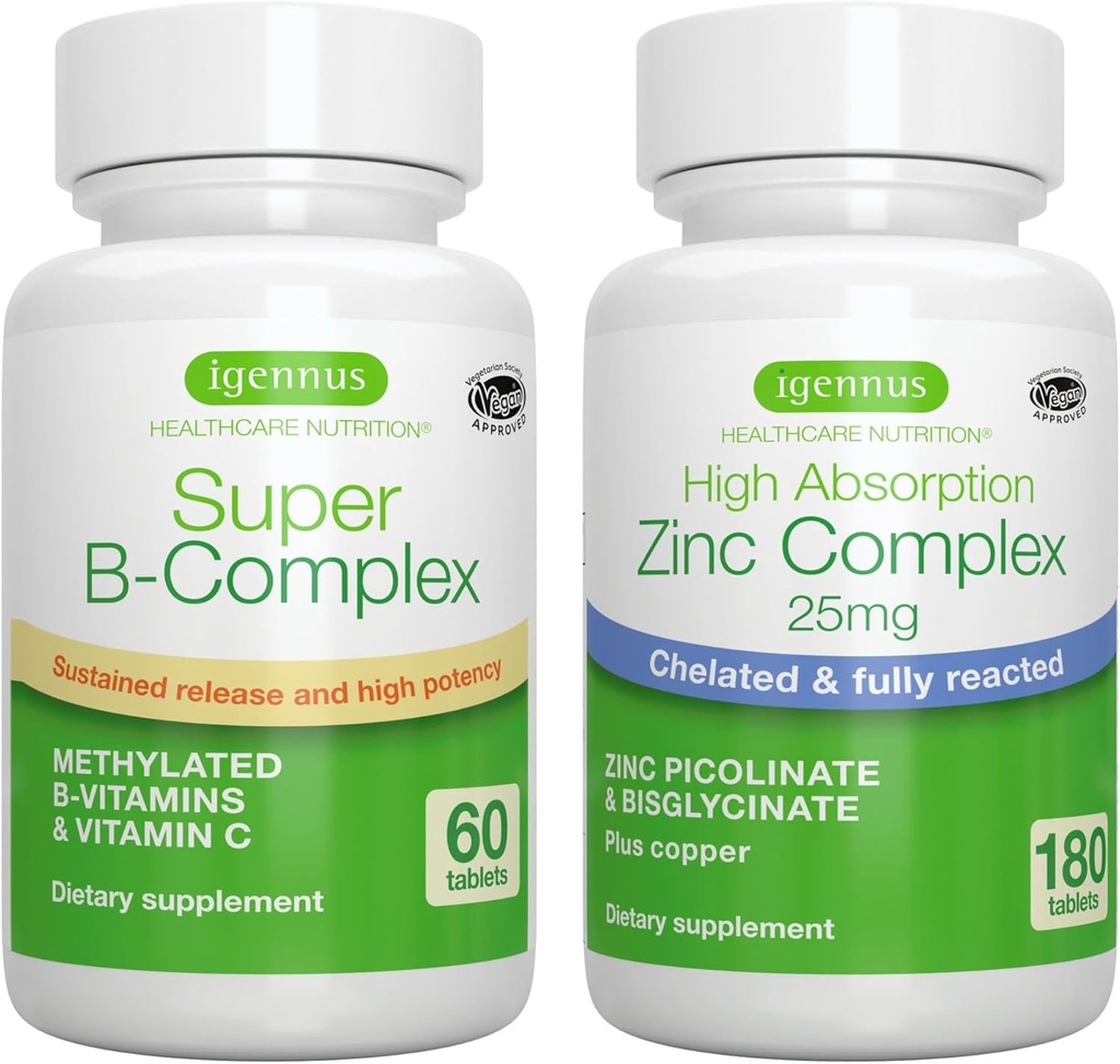 Super B-Complex + Zink-Komplex Vegan Bundle, Methylierte erhaltene Freisetzung B Complex + 25mg Chelat Zink Picolinat & Bisglycinat mit Kupfer, von Igennus