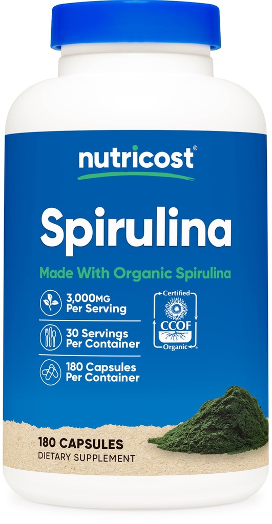 Nutricost Spirulina 3,000mg, 180 Capsules pour 30 portions - CCEF certifié avec Spiruline biologique, sans gluten, végétarien