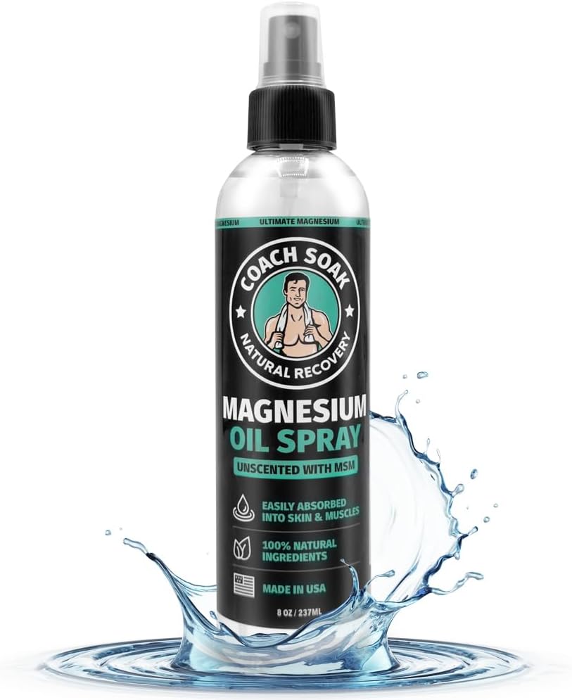 Coach Soak Magnesium Öl Spray mit MSM - 8oz, extra Magnesium Chloride Stärke, 100% reines Topical Spray für Füße & Körper, Unscented - Made in USA
