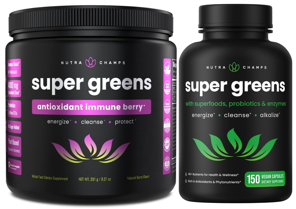 NutraChamps Super Greens Antioxidans Pulver & Super Greens Kapseln