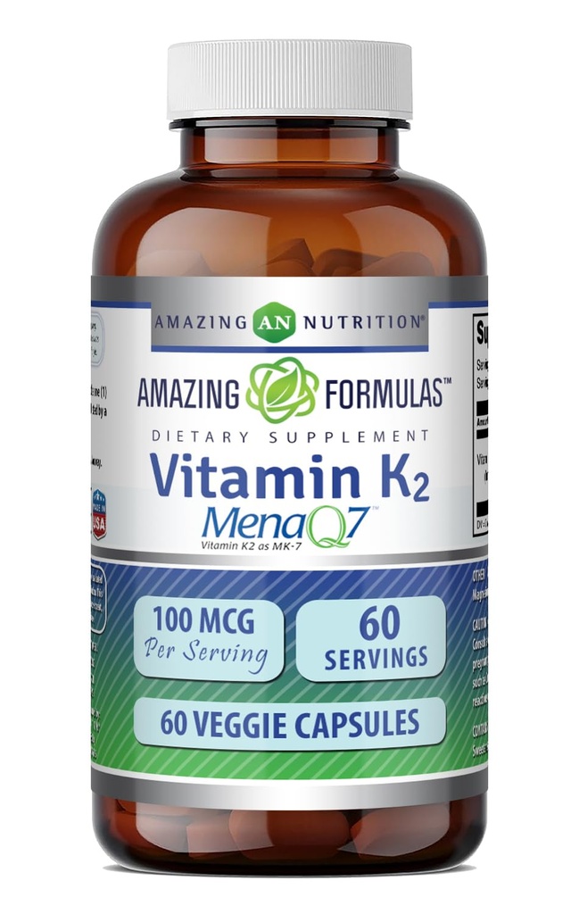 Amazing Formulas Vitamin K2 Menaq7 MK7 Supplement | 100 Mcg | Veggie Capsules | Non-GMO | Gluten Free | Made in USA (1 Pack, 60 Count)