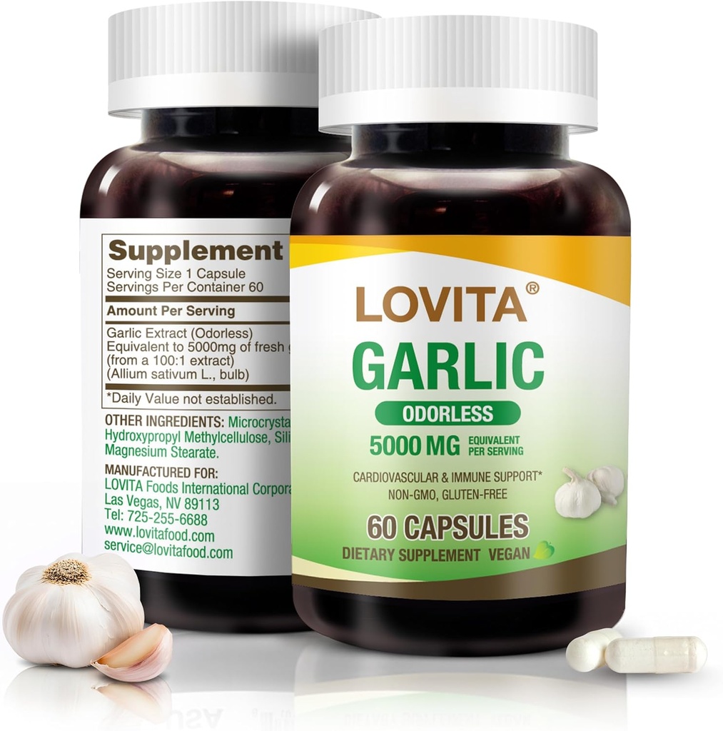 Lovita Odorless Knoblauch Kapseln, 5000mg Frische Knoblauch Äquivalent, 1,25% Allicin-Extrakt, Unterstützt Herz, Blutdruck, Cholesterol & Immunsystem, Non-GMO, Gluten-Free, 60 Vegan Kapseln
