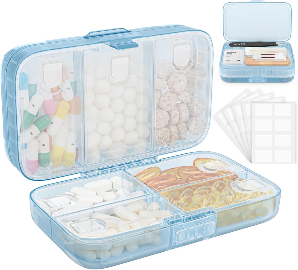 FYY Weekly Pill Organizer with Labels,8 Compartments Travel Daily Pill Case Airtight Moistureproof Large Pill Box to Hold Vitamins, Fish Oil, Supplements,Cotton Swab and Bandages-Blue
