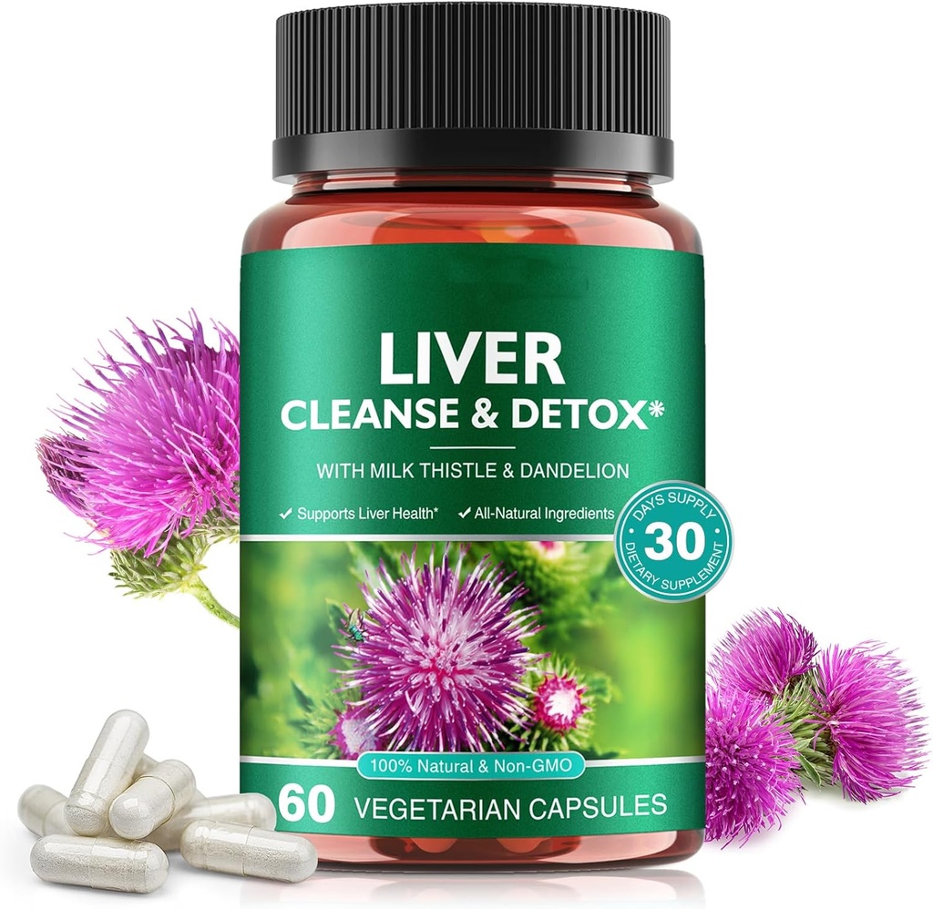Leberreiniger & Detox Pillen für Lebergesundheit Reparatur - mit Milchdistel-Extrakt, Dandelion Wurzel, Ginger, Wurzelpulver & Vitamine - Natürliche Leberunterstützung, 60 Vegan Kapseln