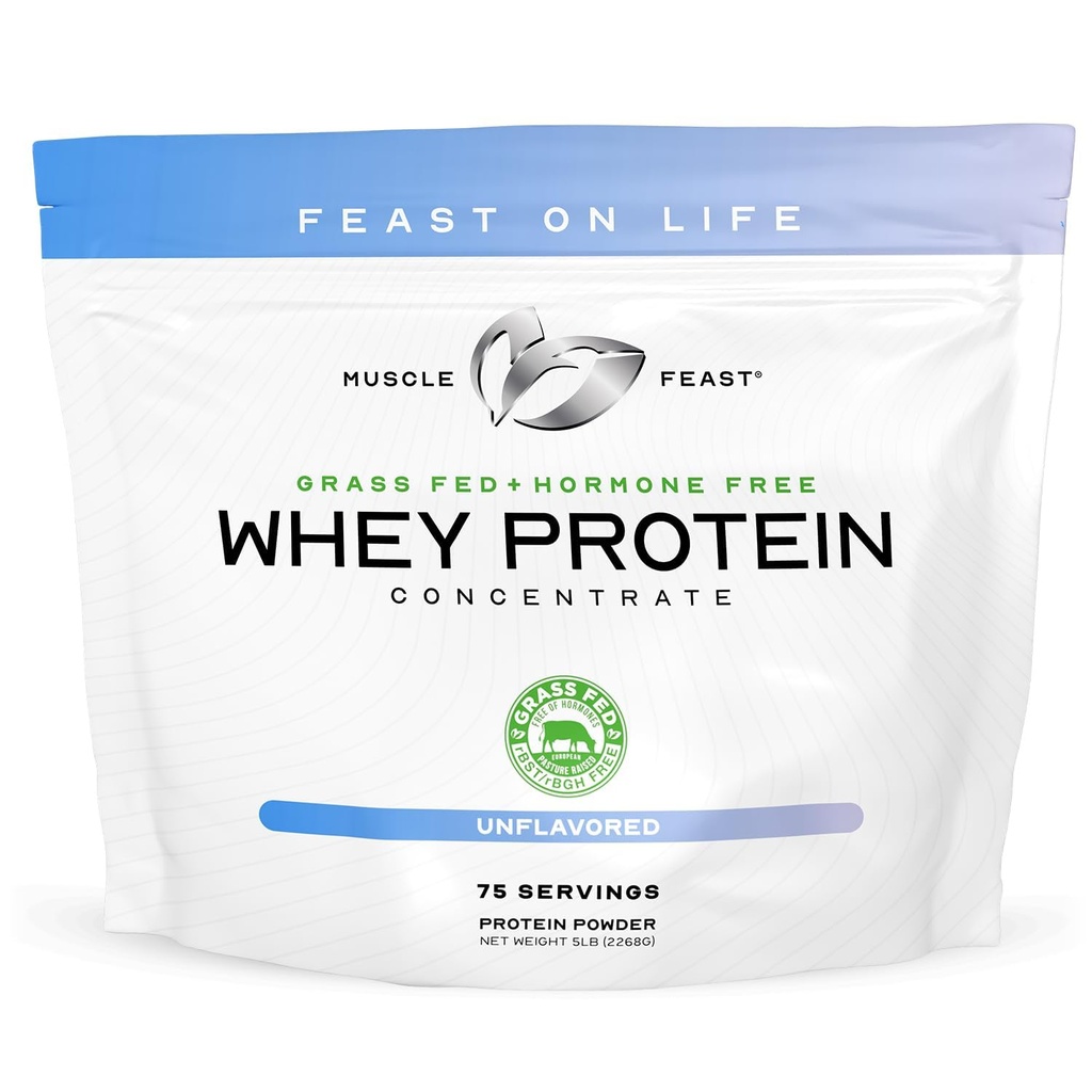 Muscle Feast Grass-Fed Whey Protein Konzentrat Pulver, All Natural, Hormonfreie Weide Raised Whey Protein Pulver für Frauen & Männer, Clean, Non-GMO & Gluten Free Whey Konzentrat - Unflavored, 5lb