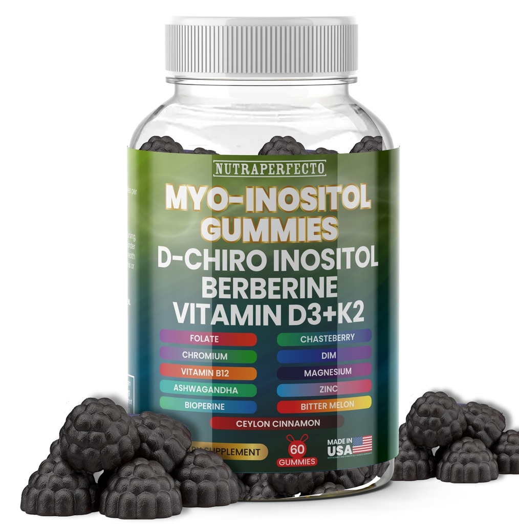 Sans sucre Myo-Inositol et D-Chiro Inositol Gommies pour femmes, vitamine berbère D3 K2 DIM Magnésium Glycinate Oxyde L-méthylfolate Supplément pour femmes, fertilité, équilibre hormonal, SPM, santé ovarienne