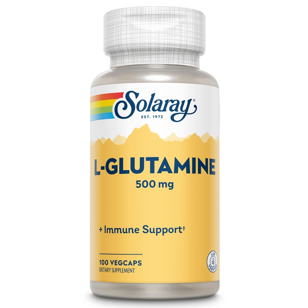 SOLARAY L Capsules de glutamine 500 mg - Supplément de soutien immunitaire - Acides aminés libres - Garantie de remboursement de 60 jours de laboratoire vérifiée - 100 portions, 100 VegCaps