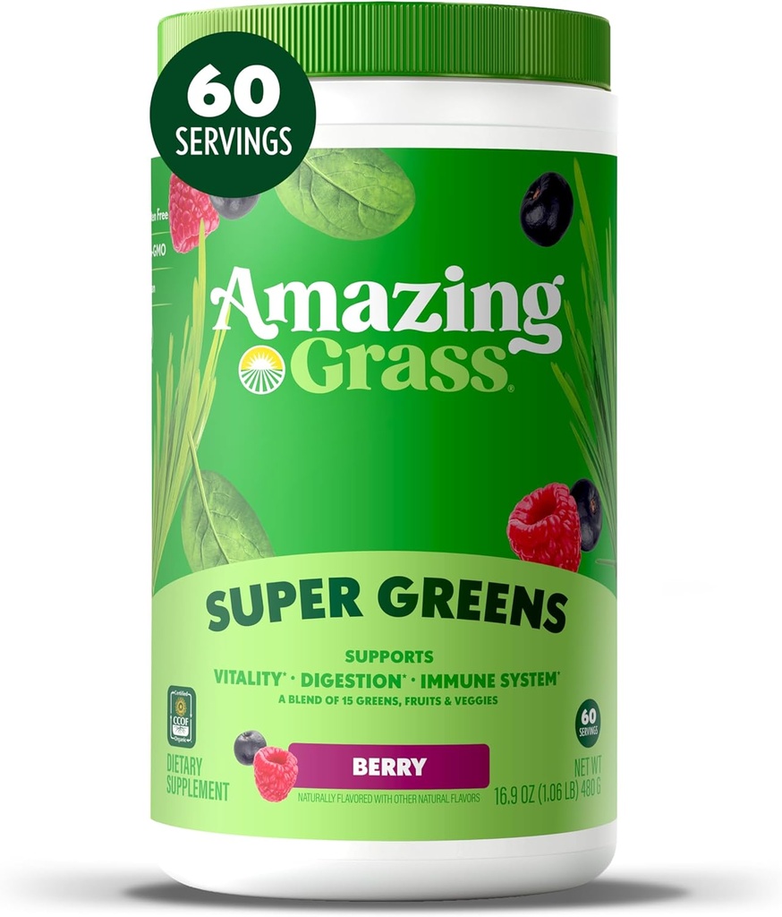 Erstaunliche GrasgrÃ1⁄4nen Mischung Superfood: Super Greens Powder Smoothie Mix mit Spirulina, Chlorella, Beet Root Powder, Verdauungsenzyme & Probiotics, Berry, 60 Portionen (Packaging May Vary)