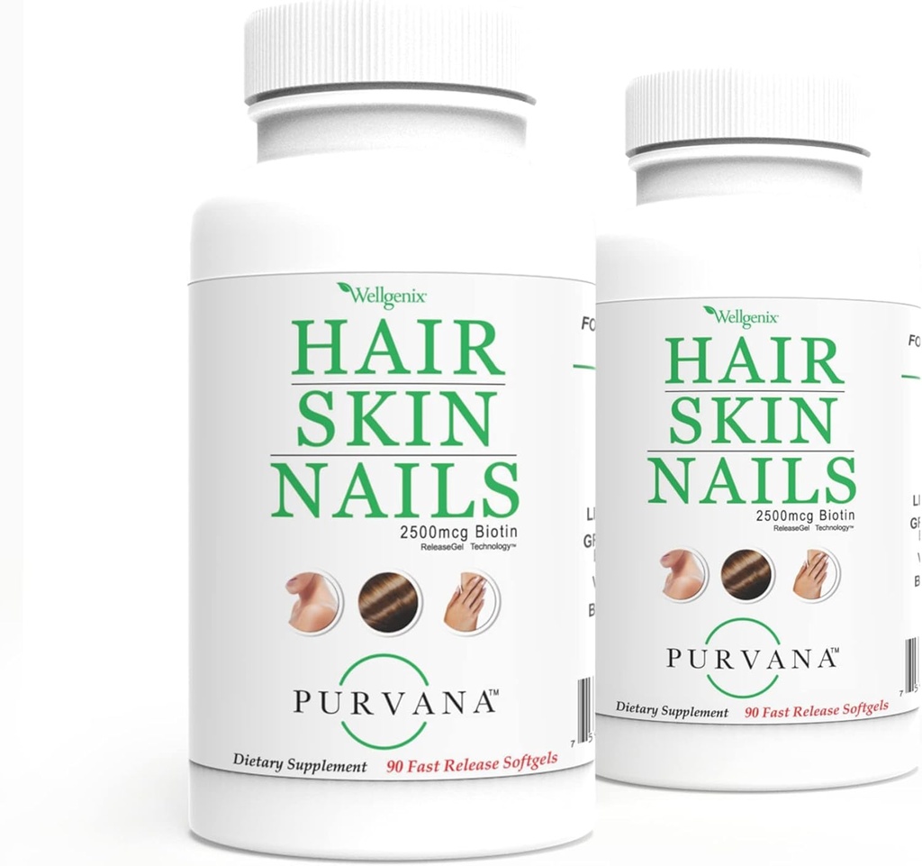 Wellgenix Purvana Haar, Haut und Nägel Vitamin Softgels für hohe Absorption - Doppelstärke 2500mcg Biotin, VIT A & B (90 Count) 2 Pack
