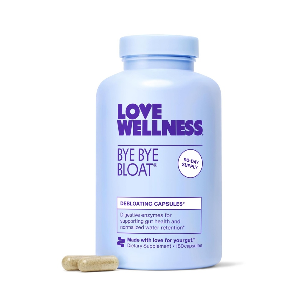 Liebe Wellness Bye Bye Bloat, Verdauungsenzyme | Bloating Relief für Frauen | Helfen Sie Gas Relief & Wasser Retention | unterstützt Verdauungsgesundheit mit Fenugreek & Dandelion | 180 Count