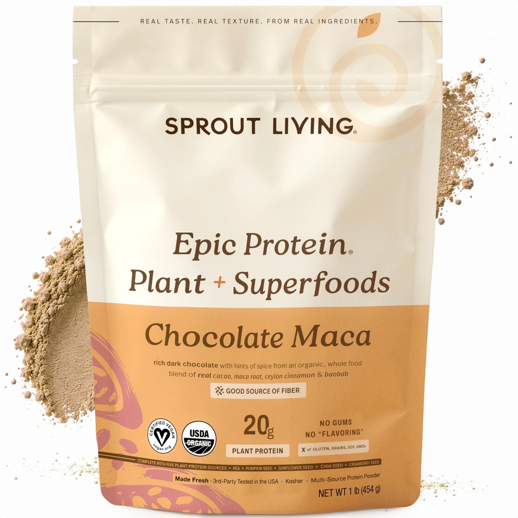 Sprout Living Protéine épique, Protéines végétales et superaliments Poudre, Chocolate Maca Poudre de 20 grammes de poudre de protéines organiques, végétalien, non laitière, non-OGM, sans gluten, faible sucre (1 livre, 12 portions)