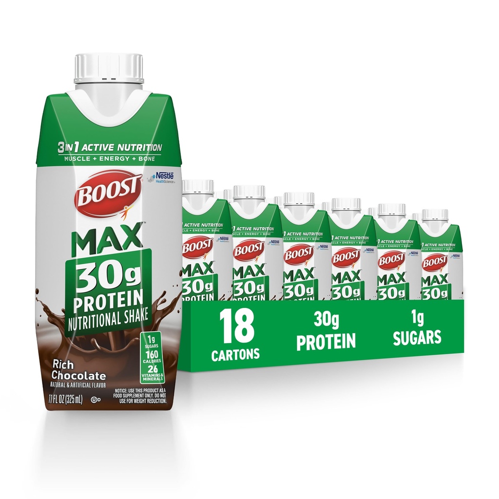 BOOST MAX Protein Shakes Prêt à boire - 30g High Protein Shake - Chocolat ► Boissons alimentaires pour soutenir la récupération musculaire après l'exercice, 26 vitamines et minéraux, 1g sucre, 11 fl oz (paquet de 18)