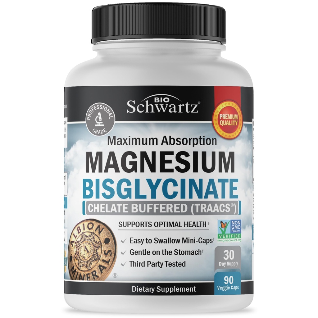 Bisglycinate de magnésium Effet 100% sans laxatif de chélate - Absorption maximale et biodisponibilité, entièrement réacté et bufferé - Bone musculaire en énergie saine et soutien interarmées - Projet non-OGM vérifié - 90 ct