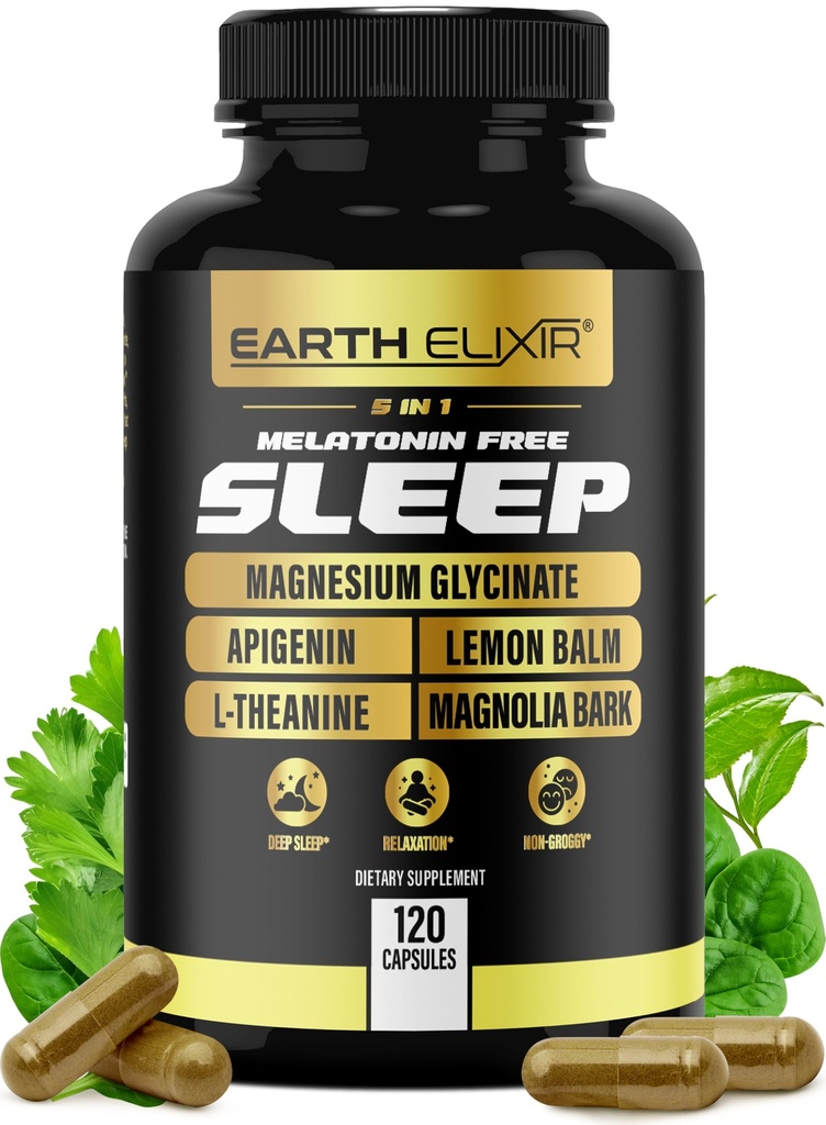 Terre Elixir 4-en-1 Aide au sommeil (120 capsules) avec/Apigenin 50mg, Magnésium Glycinate 200mg, L Theanine 200mg et racine valériane pour aide au sommeil 300mg