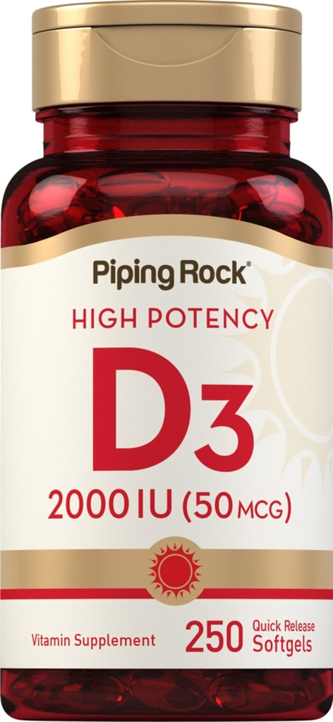 Piping Rock Vitamin D3 2000 IU | 250 Softgels | Hohe Potenz | Cholecalciferol Supplement | Non-GMO, Glutenfrei