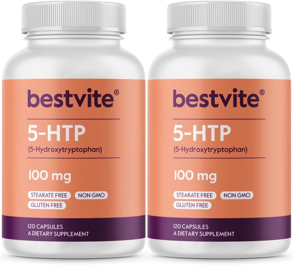 BESTVITE 5-HTP 100mg (240 Kapseln) (120 x 2) - Keine Stearaten - Keine Durchflussmittel - Nicht GMO - Glutenfrei
