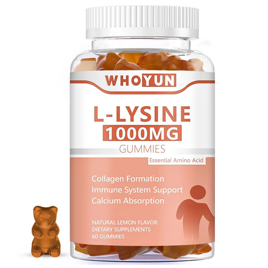 L-Lysine 1000mg Gummie, Kaubare Lysin-Ergänzung für Erwachsene, Immununterstützung, Kollagenbildungsunterstützung, Zitronengeschmack, 60 Zähler