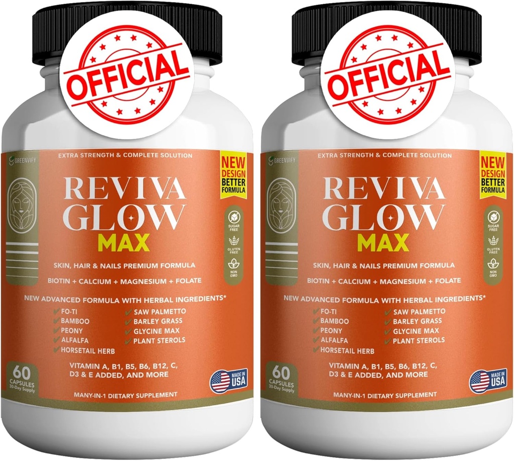 Reviva Glow Max - Haar, Haut und Nägel Unterstützung Ergänzung | Biotin, Calcium, Magnesium, Folate & Kräutermischung | Premium Formel | 120 Kapseln, Vegan & Gluten-frei