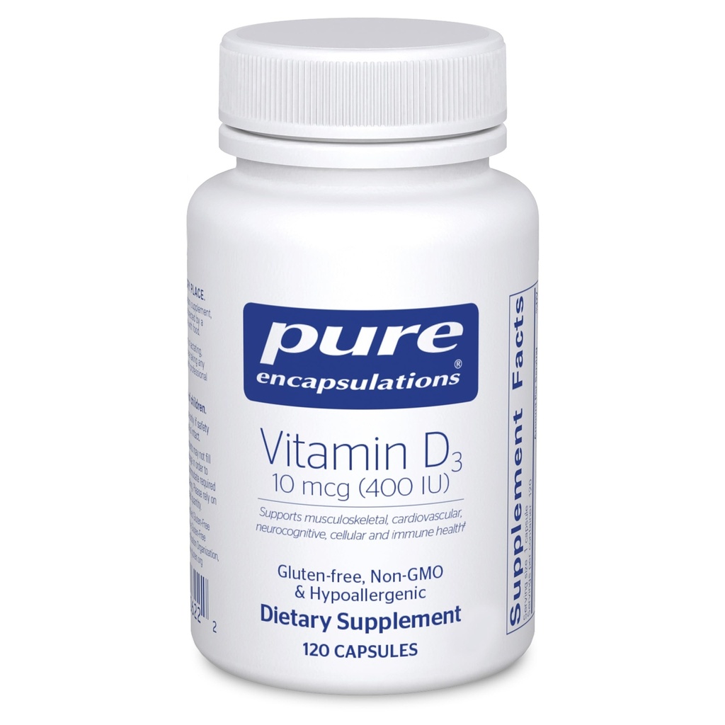 Pure Encapsulations Vitamin D3 10 mcg (400 IU) | Hypoallergene Unterstützung für Knochen, Brust, Herz-Kreislauf-, Kolon- und Immungesundheit | 120 Kapseln