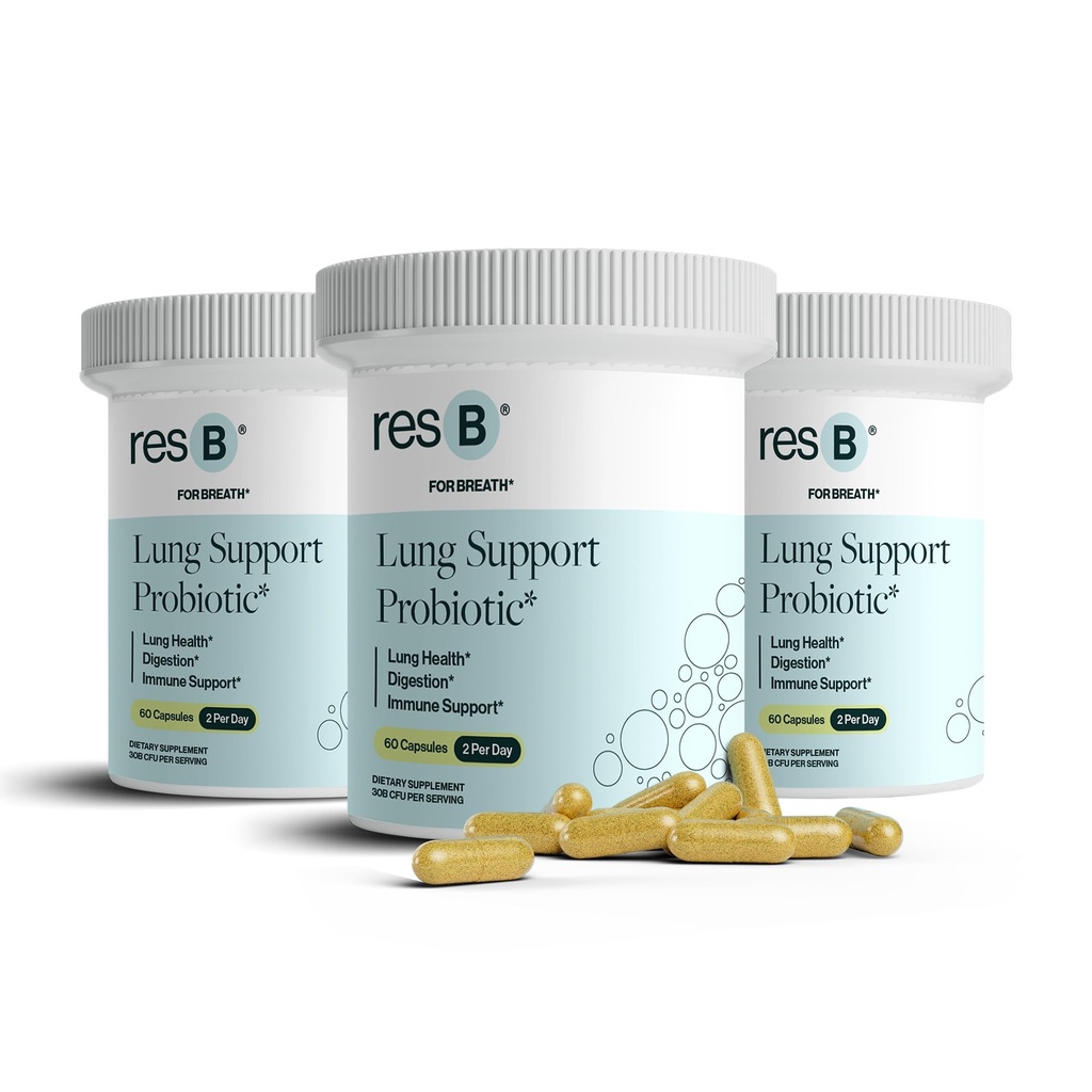 resbiotic resB Lung Support Probiotic Supplement - Supplément santé pulmonaire pour les fumeurs, Gut Health, Immune Support, Soins respiratoires, Basilic Saint, Turmérique, Essais cliniques - 180 capsules (3 bouteilles)