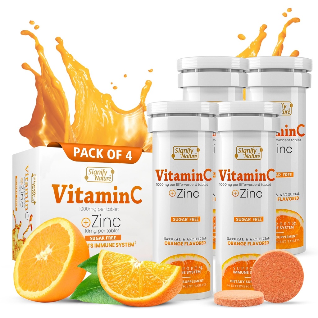 SIGNIFY NATURE Vitamine C 1000mg Comprimés effervescents - Potent Immune Support VIT C avec supplément de zinc - sans sucre et formule végétalienne