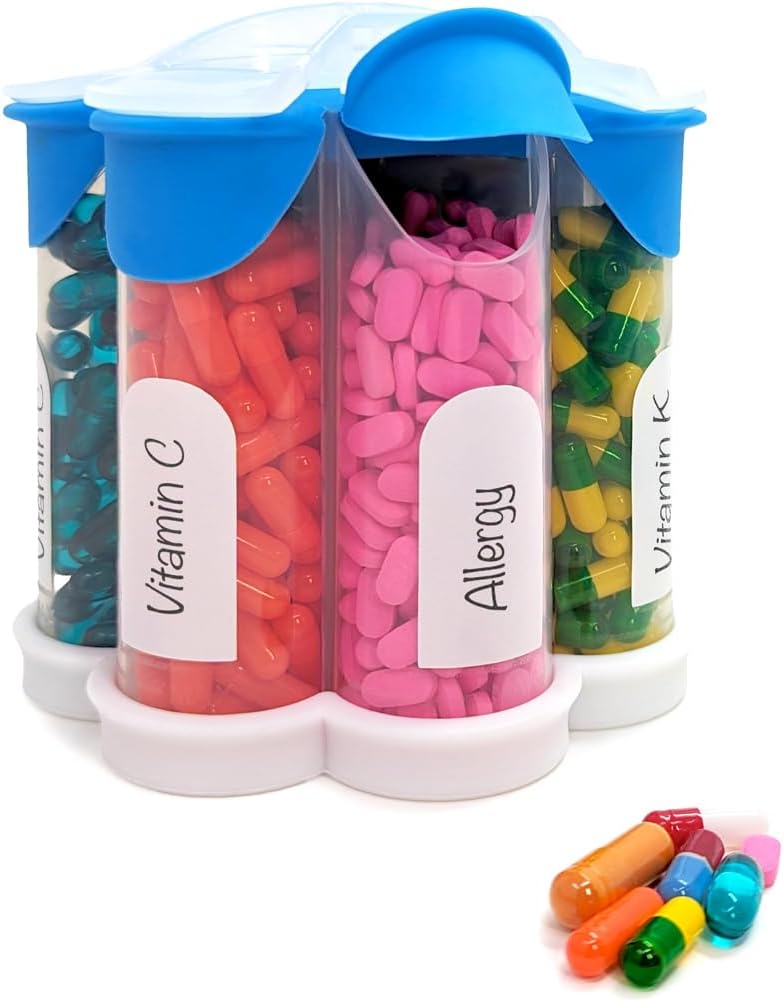 Extra Large Pill Organizer Täglich, Wöchentlich, Monatliche Beilage Flasche, niedliche Blossom Pillenspender mit 7 XL Kompartments, einfach geöffnete Pillen Box für Vitamine, Medikamente, Labels Included (Blue)