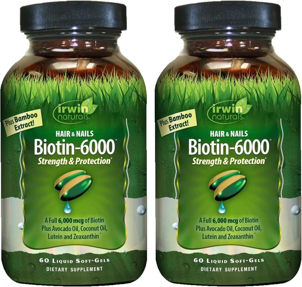 Irwin Naturals Biotin-6000-60 Liquid Soft-Gels, Paket von 2 - Unterstützt Stärke und Schutz für Haare & Nägel - mit Avocado Öl, Kokosöl, Lutein & Zeaxanthin - 60 Gesamt Servierungen
