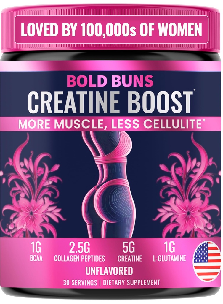 Bold Buns Creatine für Frauen – Booty Builder Supplement mit Collagen & BCAA – Unterstützt Muskelentwicklung, Post-Workout Erholung, Hautelastizität, Gesundes Haar & Nail | Unflavored – 30 Servierungen
