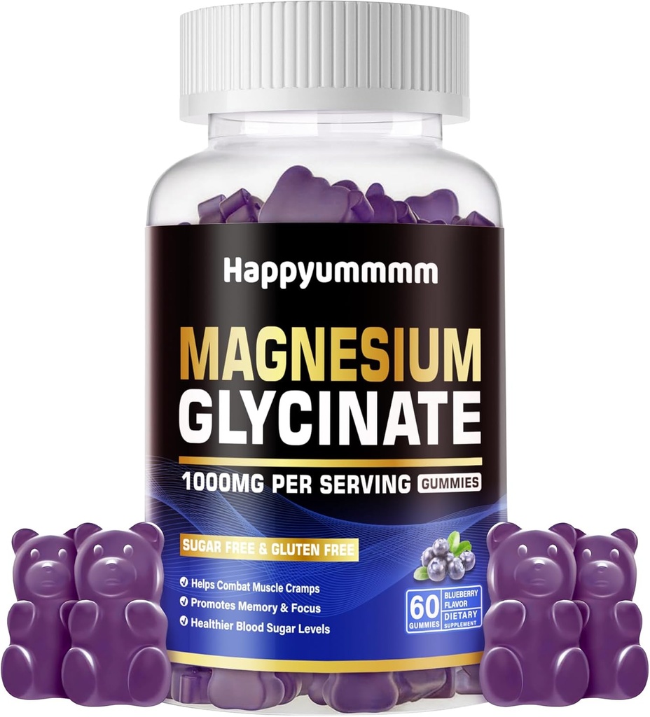 Glycinat de magnésium Gommies 1000mg - Supplément de potassium de magnésium sans sucre avec vitamine D, B6, CoQ10 pour l'humeur calme et le soutien du sommeil - 60 Gommies de bleuets