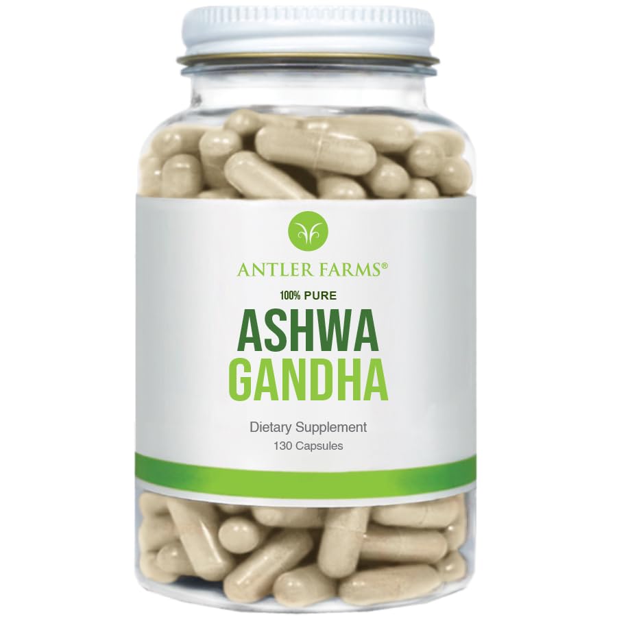 Fermes Antler – 100 % de racine d'Ashwagandha pur et extrait de racine d'Ashwagandha, 130 capsules, 1200mg – standardisé à 5% avecanolides, améliore la performance mentale, l'énergie et l'immunité